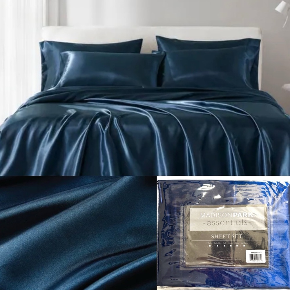 Madison Park Satin Royal Blue King Sheet Set 1 Flat 1 Fitted & 4 Pillowcases NWT